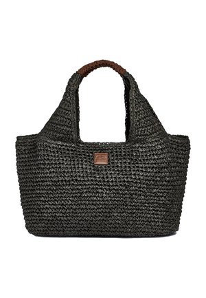 Borsa tote in paglia nera intrecciata con manici corti imbottiti e una piccola toppa con logo in pelle marrone al centro anteriore.