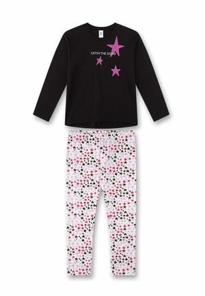 Maglia nera a maniche lunghe con stelle rosa e testo "Catch the stars" abbinata a leggings bianchi coperti da stelle rosa, nere e viola.