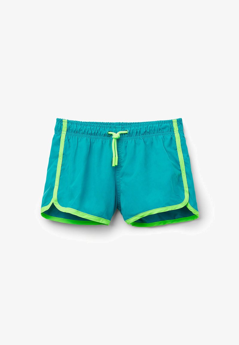 Shorts de bain turquoise avec taille élastique et cordon de serrage ajustable. Présente une bordure vert fluo le long des bords et des poches.