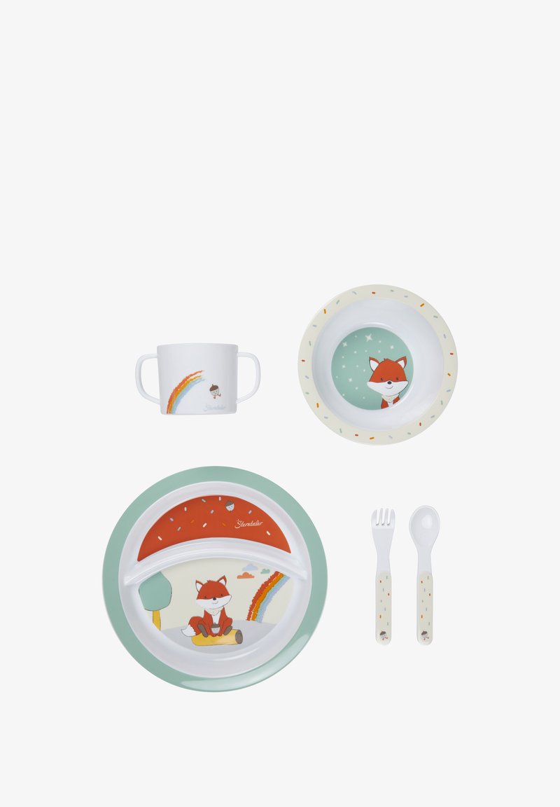 Children's dinnerware set featuring a divided plate, bowl, cup, and utensils. Colors include mint green, red, white, with fox illustrations.