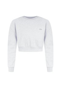 Felpa corta in cotone grigio chiaro. Presenta maniche lunghe, un colletto a coste e un sottile logo sul petto. Texture morbida.