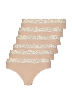 Five beige women's panties with lace waistbands stacked in a staggered arrangement on a white background.