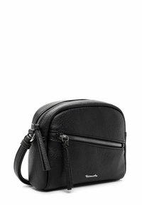 Black leather crossbody bag with a rounded shape, smooth texture, a front zip pocket, and decorative tassels on the zipper pull.