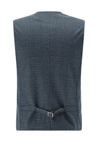 Dunkelblaue Weste aus strukturiertem Stoff, mit Schnallendetail am Rücken und klaren Linien. Ärmellos und mit einer strukturierten Form.