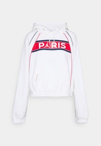 Sudadera corta blanca con estampado gráfico "PARIS" en rojo y azul marino, capucha con cordón, bolsillo frontal y puños y dobladillo acanalados.