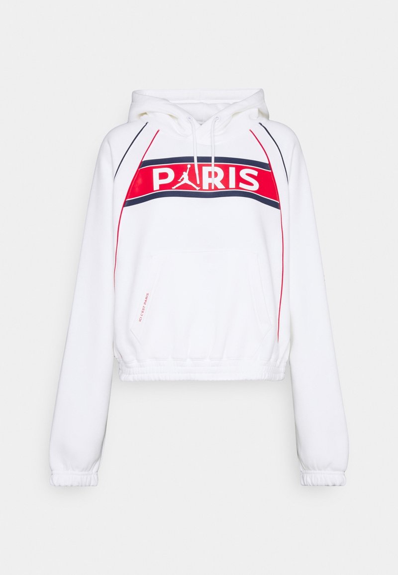 Sudadera corta blanca con estampado gráfico "PARIS" en rojo y azul marino, capucha con cordón, bolsillo frontal y puños y dobladillo acanalados.