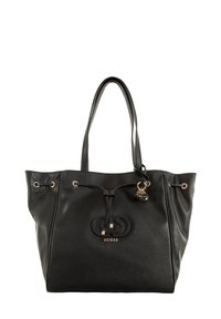 Zwarte leren tote bag met een slouchy ontwerp, trekkoordsluiting, gouden hardware en merklogo detail aan de voorkant.