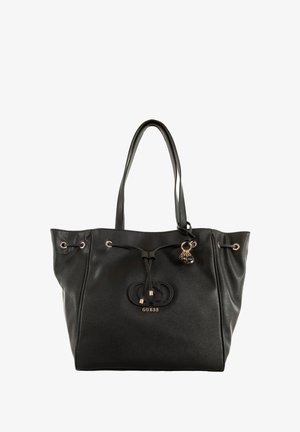 Borsa tote nera in pelle con un design morbido, chiusura con cordoncino, accessori in tonalità oro e dettaglio del logo del marchio sul davanti.