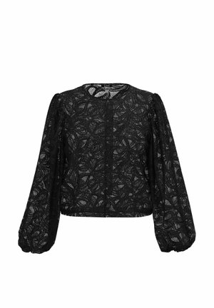 Crna čipkasta bluza s dugim, napuhanim rukavima i okruglim izrezom. Ima prednju kopčanje na gumbe i složene cvjetne uzorke diljem površine.