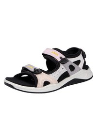 Sport sandal med en kombination av svart, vitt och ljusrosa mesh och mocka. Justerbara remmar med spännen och en strukturerad sula.