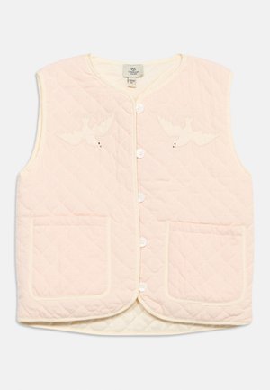 Veste sans manches matelassée rose clair avec boutons devant, deux poches et broderie d'oiseau sur la poitrine.