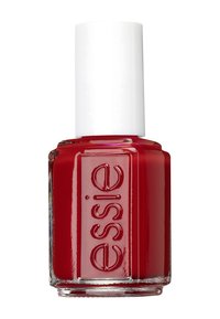 Rode nagellak in een vierkante glazen fles met een witte dop. Bevat duidelijke branding "essie" aan de voorkant. Gladde, glanzende textuur.