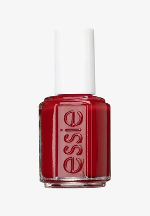 Red nail polish in a square glass bottle with a white cap. Features clear branding "essie" on the front. Smooth, glossy texture.