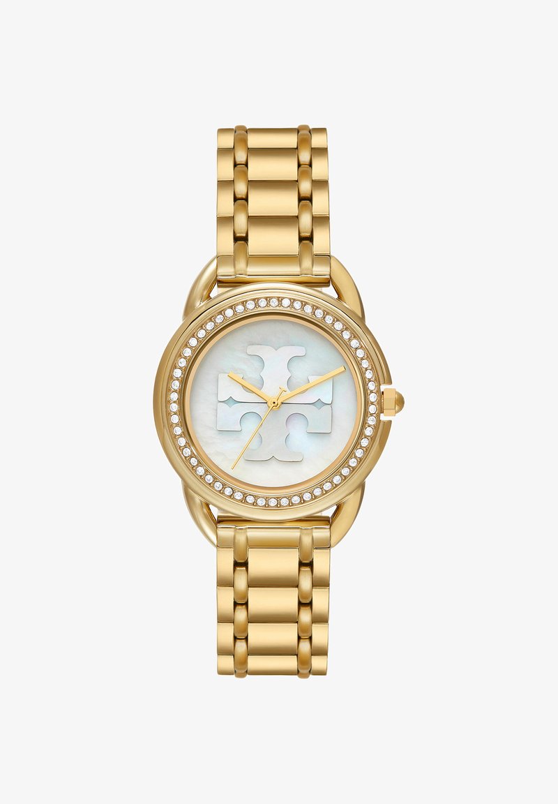 Gold metal bracelet watch with round face, mother-of-pearl dial, logo at center, and crystals encircling the bezel.