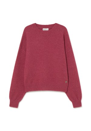 Suéter de cuello en V y manga larga en color rosa intenso. Hecho de material suave con puños y dobladillo acanalados, con una pequeña etiqueta con el logo en el costado.