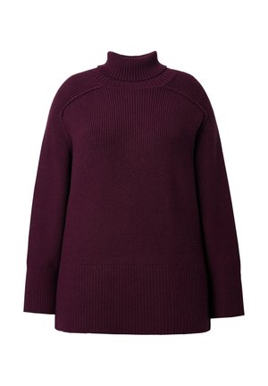 Paarse oversized coltrui met ribbelstructuur, lange mouwen en verlaagde schouders. Heeft een rechte zoom en is gemaakt van zacht, warm materiaal.