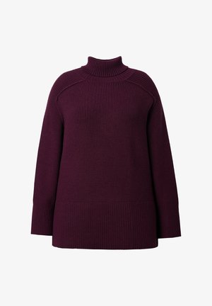 Paarse oversized coltrui met ribbelstructuur, lange mouwen en verlaagde schouders. Heeft een rechte zoom en is gemaakt van zacht, warm materiaal.