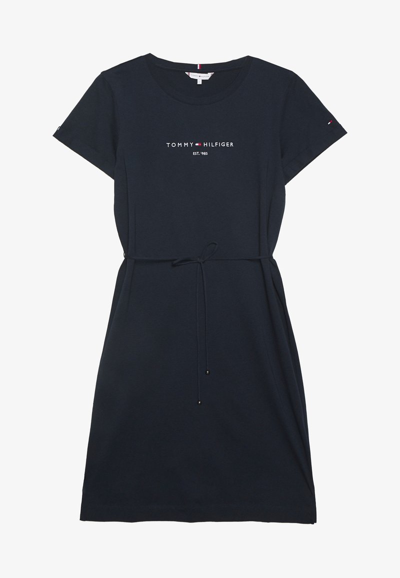 Marineblauwe katoenen jurk met korte mouwen, een getailleerde taille, trekkoorddetail en de bedrukte logo "TOMMY HILFIGER EST. 1985" aan de voorkant.