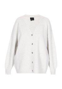 Biały, oversize kardigan z dekoltem w serek, długimi rękawami i zapięciem na sześć guzików. Wykonany z teksturowanej tkaniny z subtelnymi drobinkami oraz prążkowanymi mankietami.