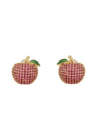Orecchini a forma di mela in oro adornati con pietre rosa, caratterizzati da una superficie testurizzata e un piccolo accento a foglia verde.