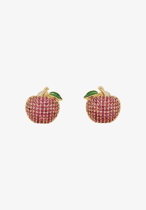 Boucles d'oreilles en or en forme de pomme, ornées de pierres roses, avec une surface texturée et un petit accent en forme de feuille verte.