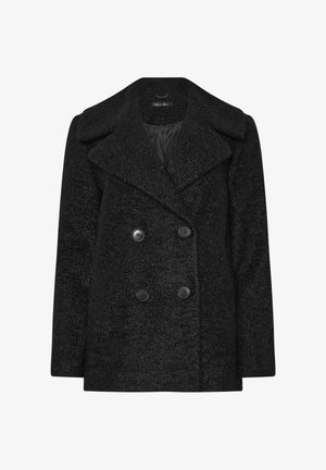 Abrigo negro de doble botonadura con un amplio cuello, hecho de una tela texturizada. Presenta dos grandes botones negros y un forro interior suave.