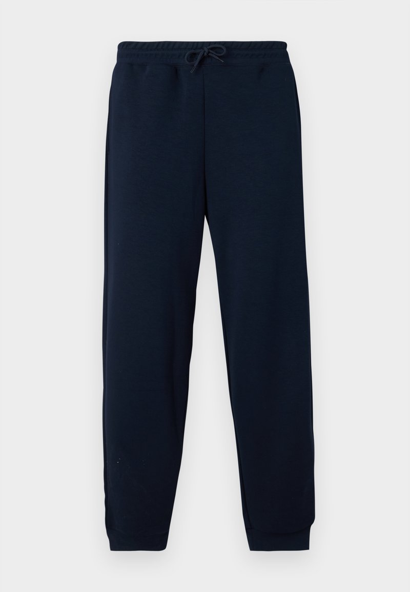 Marineblaue Jogginghose mit einem Kordelzugbund, schmal zulaufenden Beinen und weichem, strukturierter Stoff, geeignet für Freizeit oder Sport.