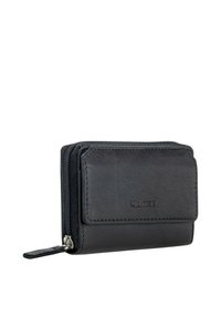 Black leather wallet with zip closure, featuring a front snap pocket and embossed logo. The texture appears smooth with a subtle sheen.