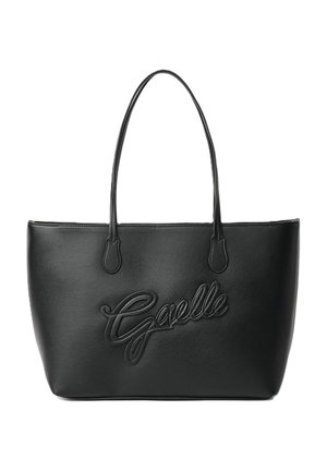 Borsa tote in pelle nera con manici lunghi e logo "Gaelle" in corsivo impresso sul davanti.