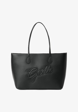 Borsa tote in pelle nera con manici lunghi e logo "Gaelle" in corsivo impresso sul davanti.