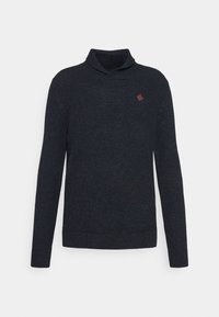 Pull en maille texturée bleu marine foncé pour homme, à manches longues, col châle, avec petit logo carré marron sur la poitrine gauche.