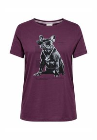 Mørkelilla T-shirt lavet af bomuld, med en grafik af en sort fransk bulldog iført solbriller og halskæde, med tekstdetaljer.
