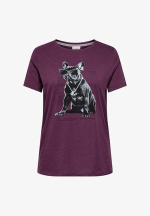 Ciemnofioletowa koszulka bawełniana z grafiką czarnego francuskiego buldoga w okularach przeciwsłonecznych i naszyjniku, z tekstowymi akcentami.