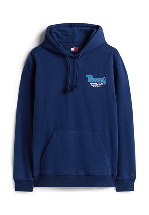 Marineblå hettegenser laget av mykt stoff har en frontlomme, snøring i hetten og grafisk logo i lyseblått. Ribbestrikkede mansjetter og kant.