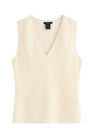 Flødefarvet ærmeløs top med V-udskæring og tekstureret stof, størrelse small, fladt lagt på hvid baggrund.