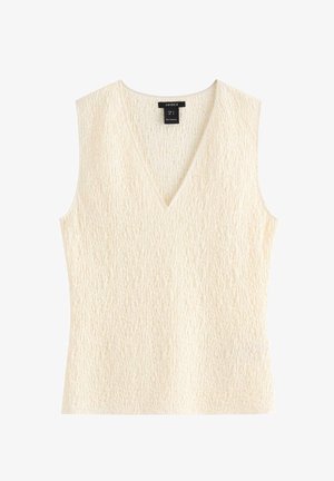 Flødefarvet ærmeløs top med V-udskæring og tekstureret stof, størrelse small, fladt lagt på hvid baggrund.