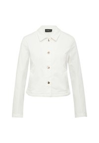 White denim jacket with a collared neckline, front button closure, and two side pockets. Features shiny, circular buttons and a cropped fit.