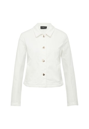 Witte denim jacket met een kraag, een sluiting met knopen aan de voorkant en twee zijzakken. Voorzien van glanzende, ronde knopen en een cropped fit.