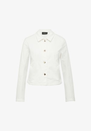 Witte denim jacket met een kraag, een sluiting met knopen aan de voorkant en twee zijzakken. Voorzien van glanzende, ronde knopen en een cropped fit.