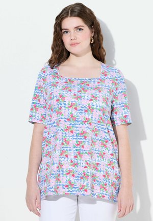 Blusa con stampa floreale che presenta una scollatura quadrata, maniche corte e colori vivaci tra cui rosa, verde e blu. Realizzata in tessuto morbido.
