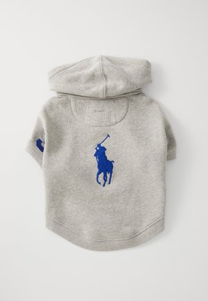 Gray hoodie with a blue embroidered polo player logo on the back, featuring short sleeves and a hood. Made of soft, textured fabric.