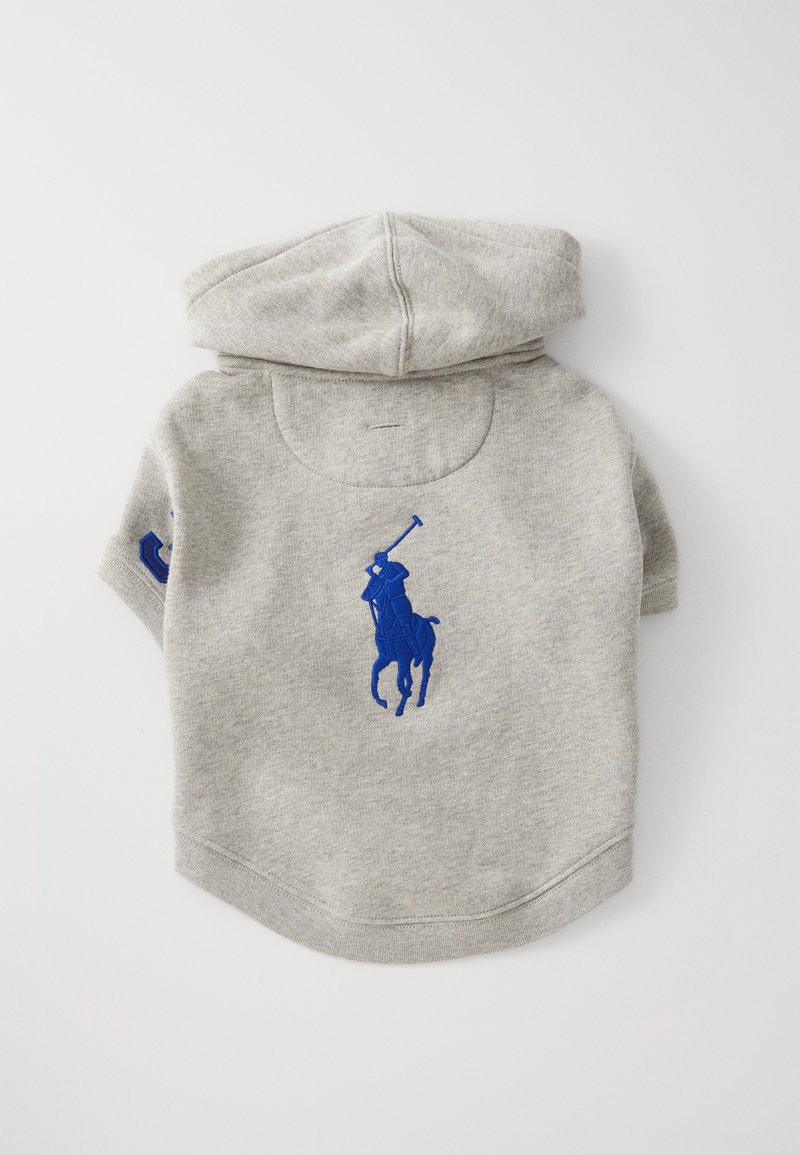 Sudadera gris con un logotipo de jugador de polo bordado en azul en la espalda, con mangas cortas y capucha. Hecha de una tela suave y texturizada.