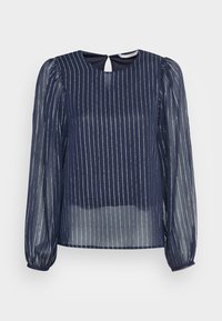 Blusa navy com mangas longas transparentes e abertura em gota nas costas, apresentando riscas verticais prateadas e um decote redondo. Textura de tecido suave.