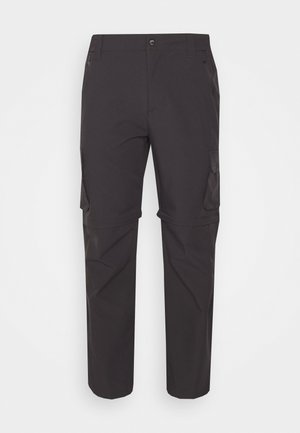 Black cargo pants with a smooth texture, featuring a button closure, side pockets, and a straight-leg design. Durable fabric for outdoor use.