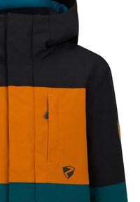 Schwarz, orange und petrolfarbener, farblich abgesetzter Jacke mit Kapuze, Fronttaschenklappe und blauen Reißverschlussanhängern.
