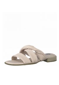 Beige slide sandal with a flat sole and three twisted straps. Smooth texture with minimal detailing and a rounded toe design.
