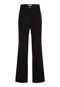 Pantalons évasés noirs avec une taille ajustée, des poches avant et un détail en bouton argenté. Tissu lisse avec un aspect soigné.