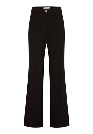 Schwarze weit geschnittene Hose mit tailliertem Bund, vorderen Taschen und silbernem Knopfdetail. Glattes Material mit maßgeschneidertem Aussehen.