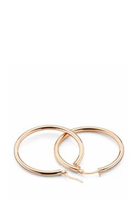 Rose gold hoop earrings with a shiny finish, featuring a circular design and a secure latch closure for easy wear.