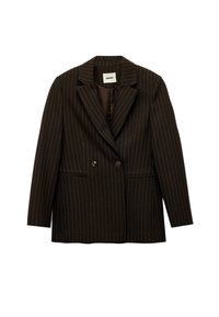 Brauner Nadelstreifen-Blazer mit doppelter Knopfleiste, Reverskragen und zwei Fronttaschen. Glatte Textur und taillierte Passform.